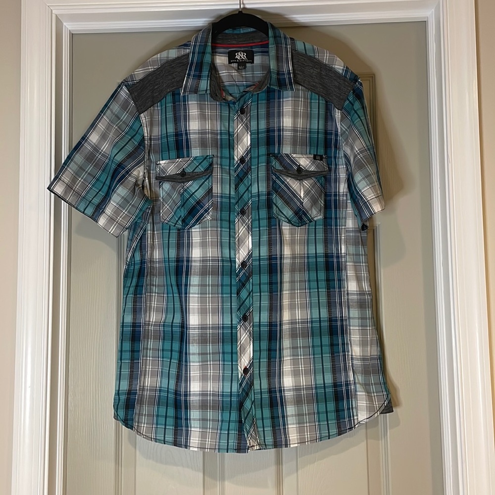 Rock & Republic Men’s Shirt Plaid Button Up T-Shirt